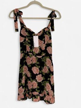 Reformation Black Mini Dress with Pink Floral Print